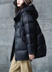 Loose Black Hooded Drawstring Patchwork Duck Down Coat Long Sleeve