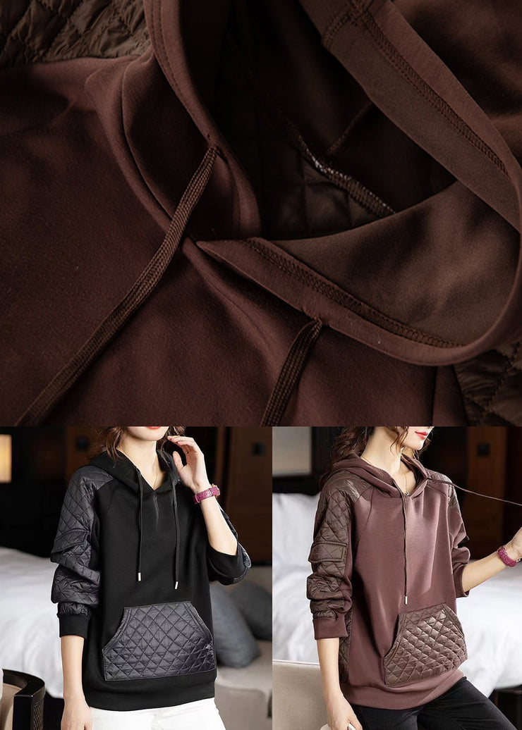 Loose Black Hooded Pockets Patchwork Thick Sweatshirts Fall