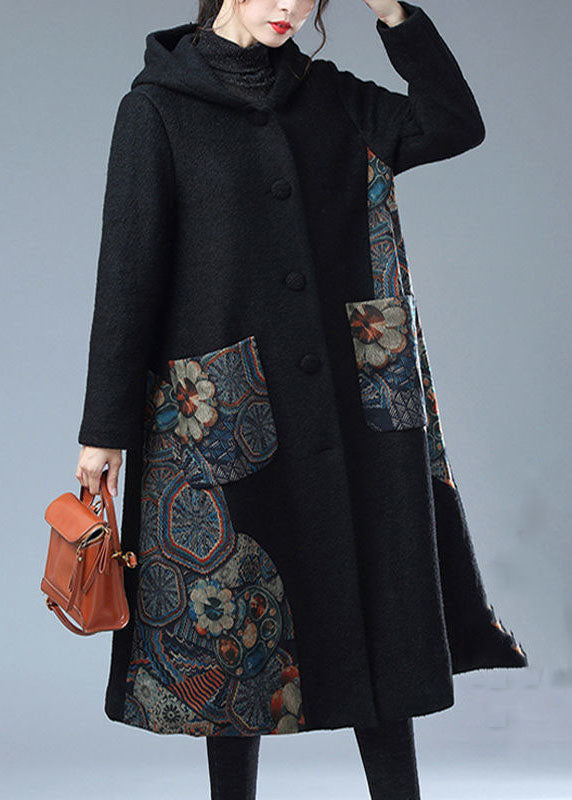 Loose Black Hooded Pockets Print Warm Mink Hair Woolen Trench Winter