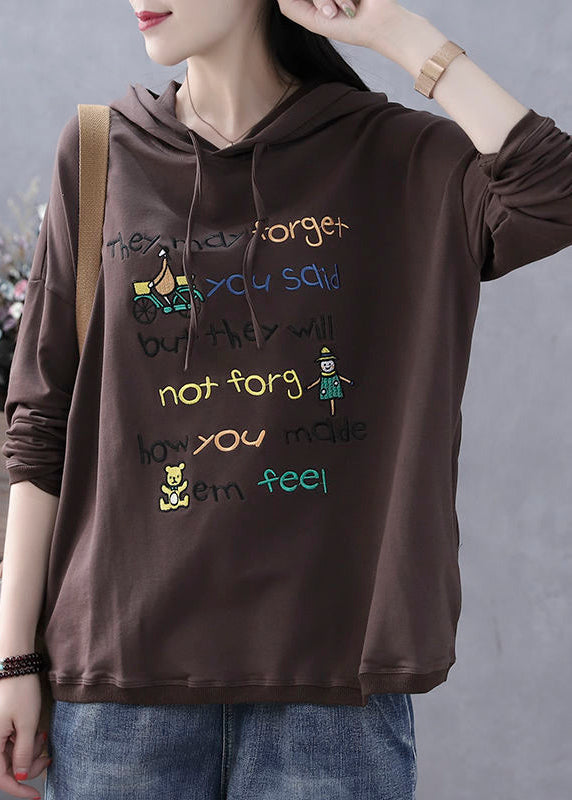 Loose Black Hooded Print Cotton Sweatshirt Long Sleeve