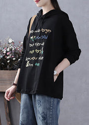 Loose Black Hooded Print Cotton Sweatshirt Long Sleeve