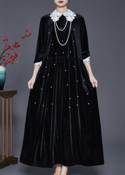 Loose Black Lace Patchwork Nail Bead Silk Velvet Long Dresses Spring