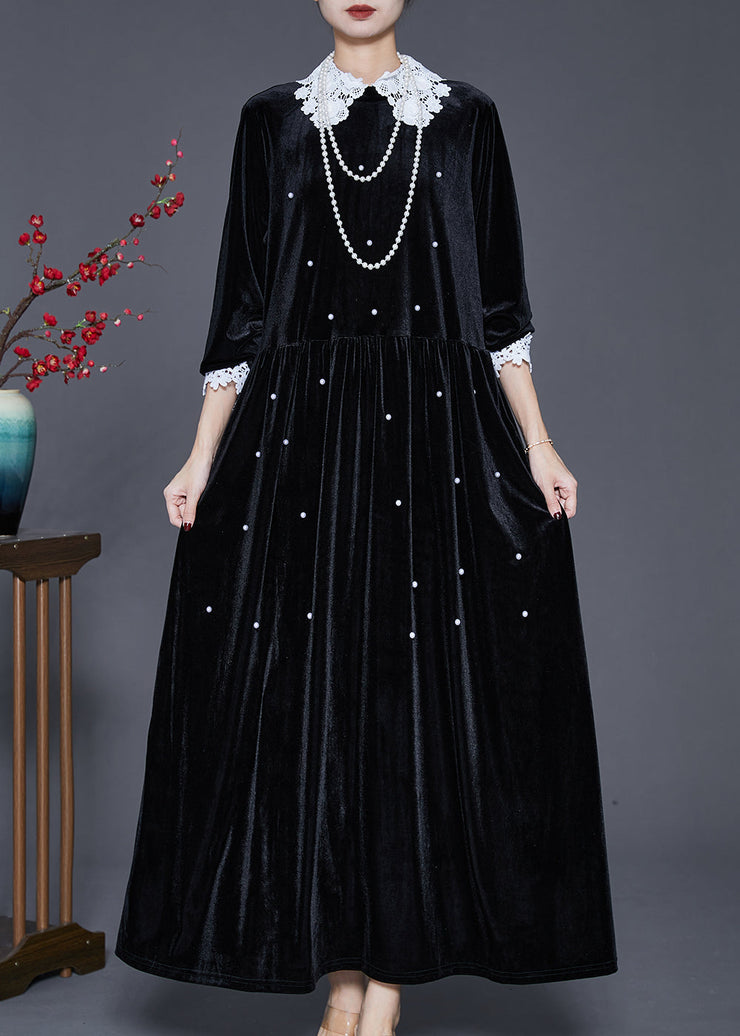 Loose Black Lace Patchwork Nail Bead Silk Velvet Long Dresses Spring