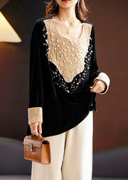 Loose Black Nail Bead Patchwork Silk Velour Top Long Sleeve