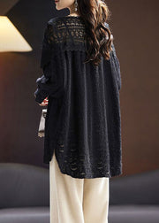 Loose Black Nail Bead Side Open Lace Shirt Spring