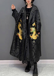 Loose Black Notched Print Bow Button Trench Coats Fall