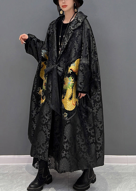 Loose Black Notched Print Bow Button Trench Coats Fall