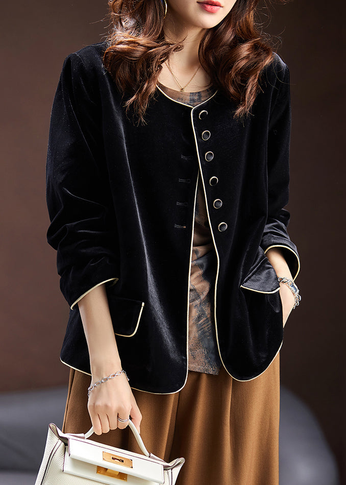 Loose Black O Neck Button Patchwork Silk Velour Coats Spring