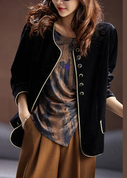 Loose Black O Neck Button Patchwork Silk Velour Coats Spring