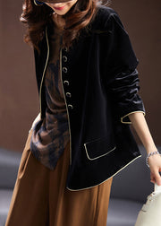 Loose Black O Neck Button Patchwork Silk Velour Coats Spring