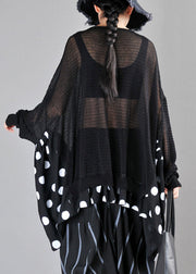 Loose Black O-Neck Dot Print Patchwork Knit Cotton Top Long Sleeve