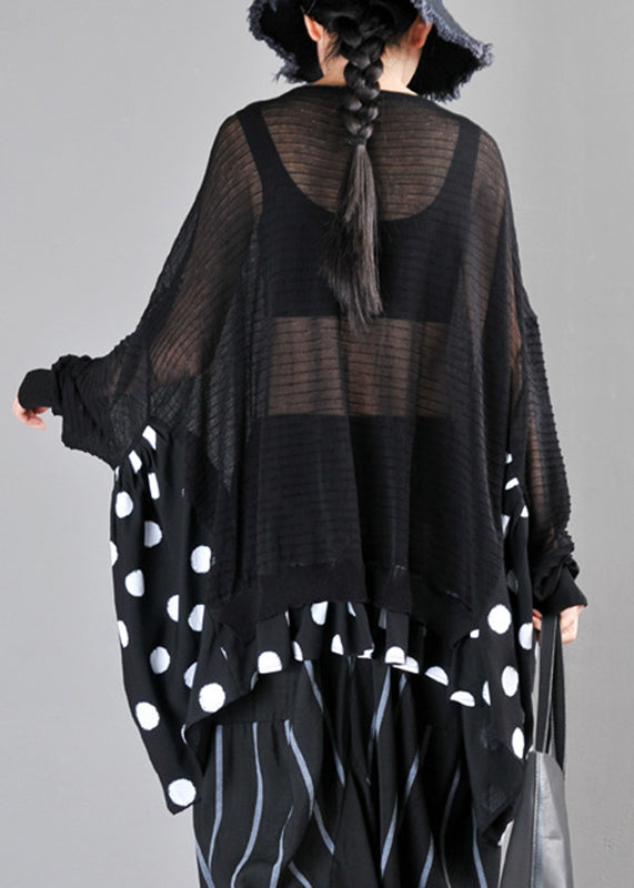 Loose Black O-Neck Dot Print Patchwork Knit Cotton Top Long Sleeve