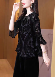 Loose Black O Neck Embroideried Patchwork Silk Velour Lantern Sleeve