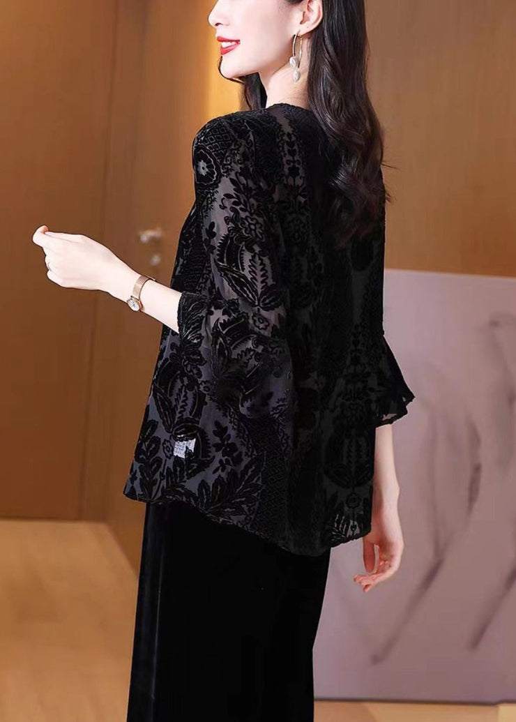 Loose Black O Neck Embroideried Patchwork Silk Velour Lantern Sleeve