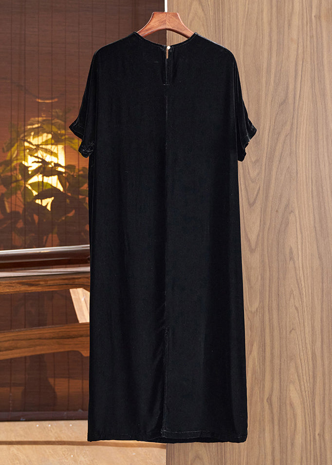 Loose Black O Neck Embroideried Silk Velour Dresses Fall