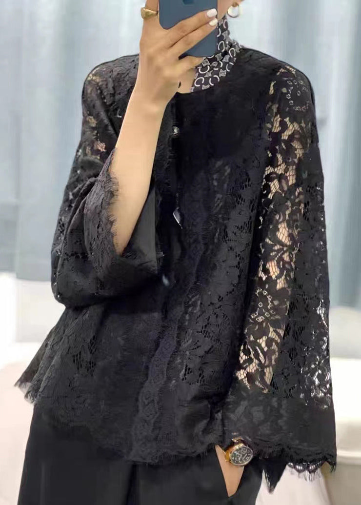 Loose Black O Neck Hollow Out Patchwork Lace Cardigans Flare Sleeve