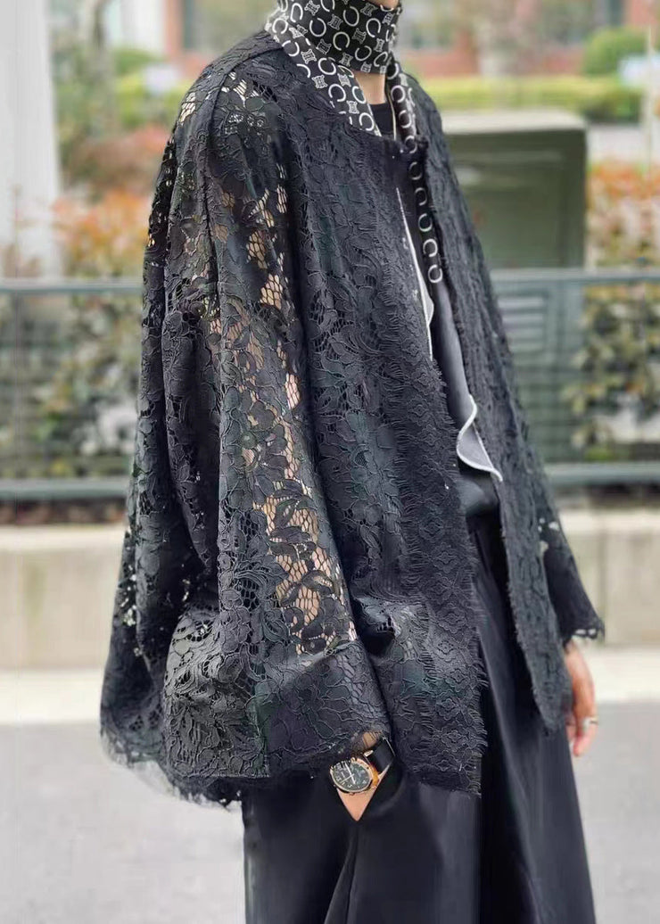 Loose Black O Neck Hollow Out Patchwork Lace Cardigans Flare Sleeve