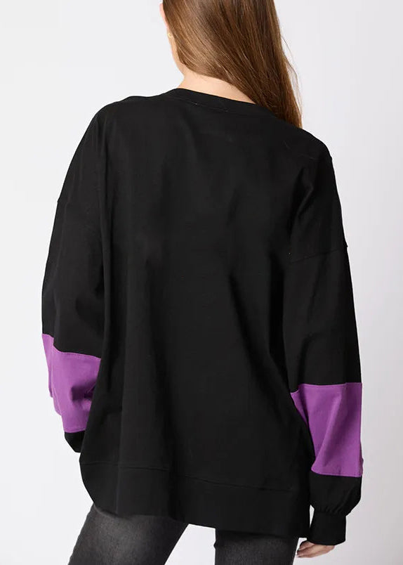 Loose Black O Neck Letter Cotton Sweatshirt Fall