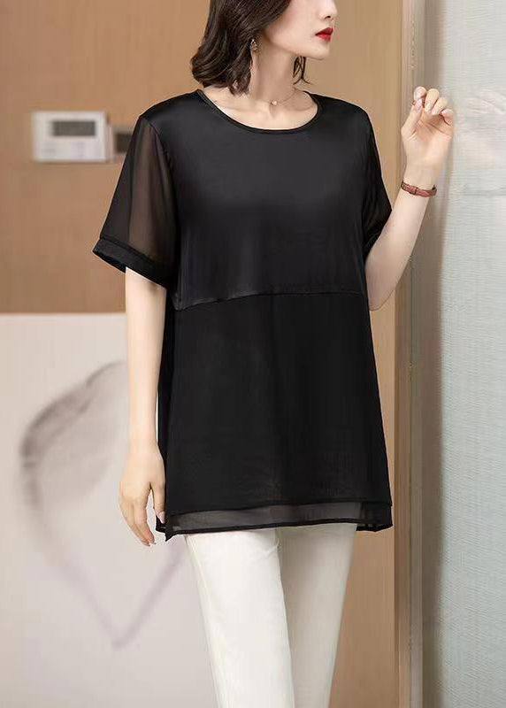 Loose Black O Neck Patchwork Chiffon T Shirt Tops Summer