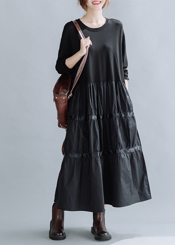 Loose Black O-Neck Patchwork Cotton Holiday Dress Spring