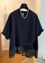 Loose Black O-Neck Patchwork Cotton T Shirt Summer