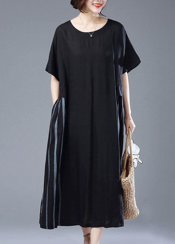 Loose Black O Neck Pockets Patchwork Cotton Long Dress Summer