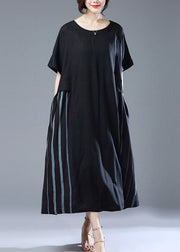 Loose Black O Neck Pockets Patchwork Cotton Long Dress Summer