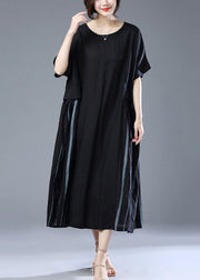 Loose Black O Neck Pockets Patchwork Cotton Long Dress Summer