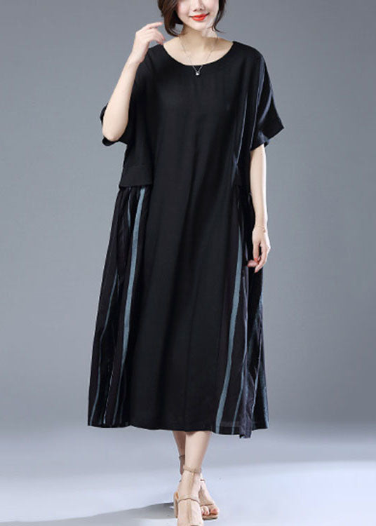 Loose Black O Neck Pockets Patchwork Cotton Long Dress Summer