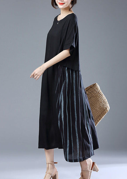 Loose Black O Neck Pockets Patchwork Cotton Long Dress Summer