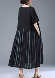 Loose Black O Neck Pockets Patchwork Cotton Long Dress Summer