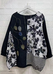 Loose Black O Neck Print Patchwork Cotton Top Long Sleeve