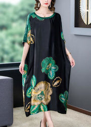 Loose Black O Neck Print Patchwork Silk Dresses Batwing Sleeve