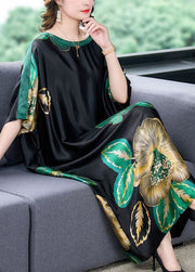 Loose Black O Neck Print Patchwork Silk Dresses Batwing Sleeve