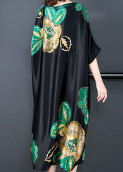 Loose Black O Neck Print Patchwork Silk Dresses Batwing Sleeve