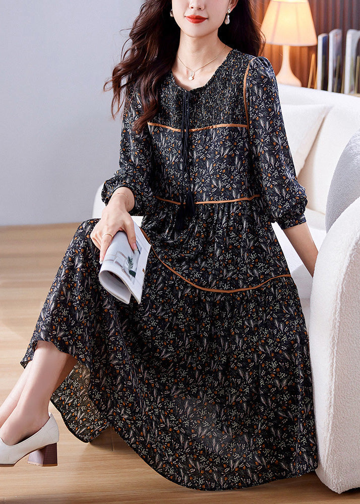 Loose Black O-Neck Print Patchwork Wrinkled Chiffon Long Dresses Spring