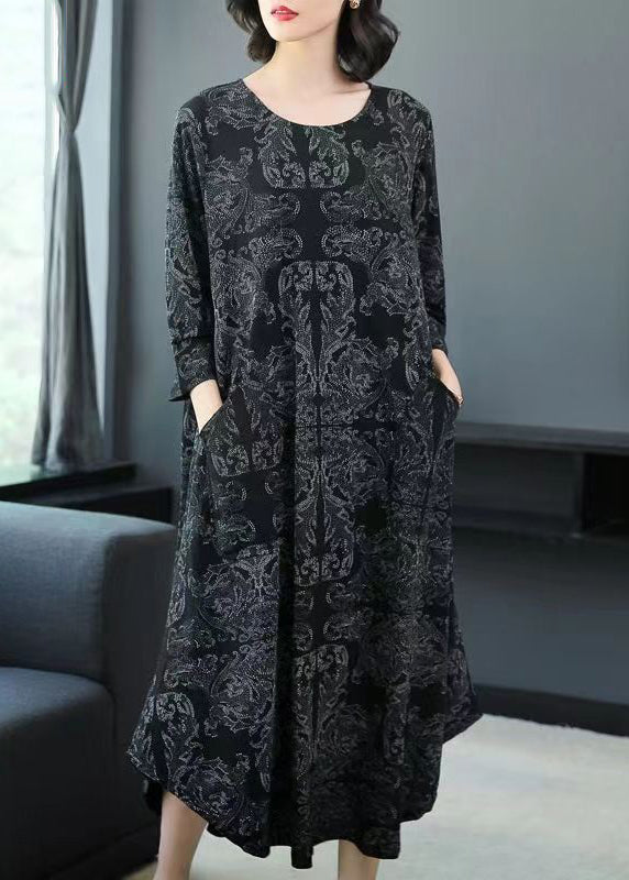 Loose Black O Neck Print Pockets Cotton Long Dresses Spring