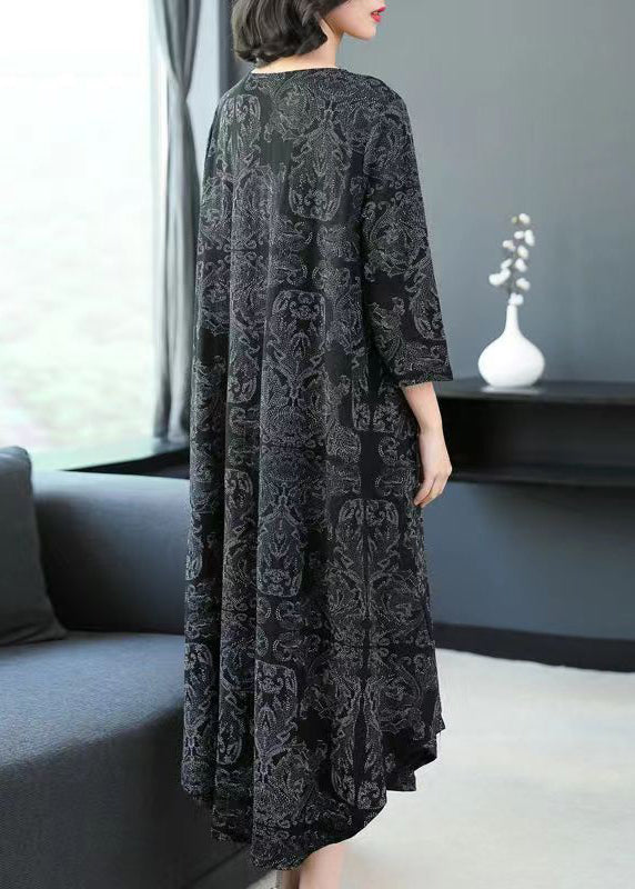 Loose Black O Neck Print Pockets Cotton Long Dresses Spring