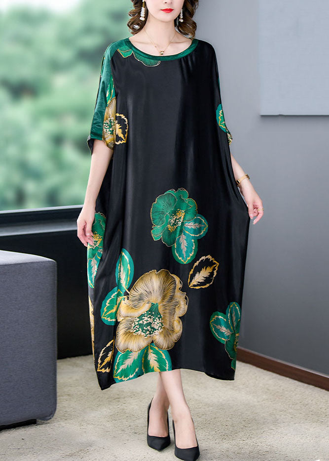 Loose Black O Neck Print Pockets Patchwork Silk Dresses Summer