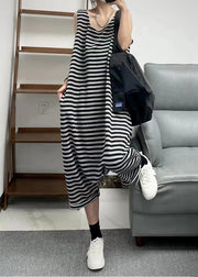 Loose Black O Neck Striped Patchwork Knitting Cotton Jumpsuit Sleeveless