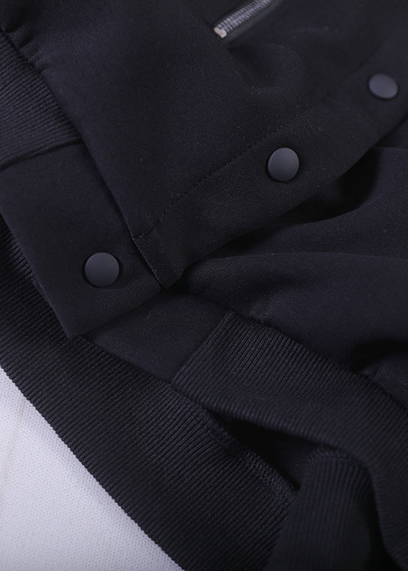 Loose Black O-Neck Zippered Button Pockets Cotton Coats Long Sleeve