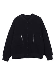 Loose Black O-Neck Zippered Button Pockets Cotton Coats Long Sleeve