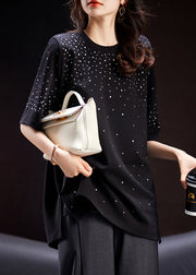 Loose Black O Neck Zircon Cotton T Shirt Short Sleeve