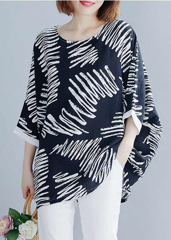 Loose Black Oversized Print Cotton Tops Batwing Sleeve