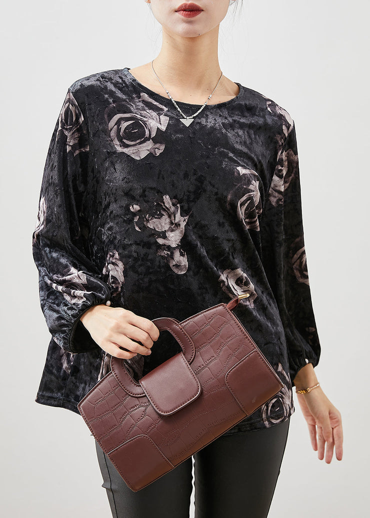 Loose Black Oversized Rose Print Silk Velour Shirts Fall