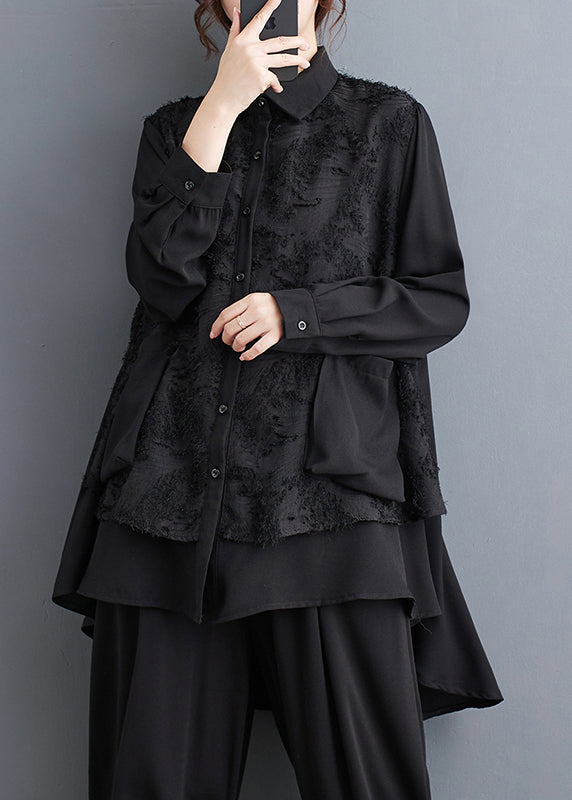 Loose Black Peter Pan Collar Asymmetrical Jacquard Cotton Shirts Long Sleeve