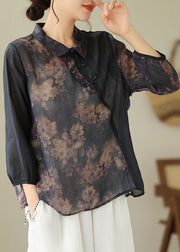 Loose Black Peter Pan Collar Button Print Linen Shirts Spring