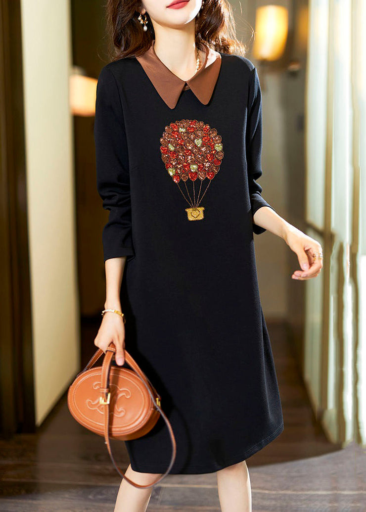 Loose Black Peter Pan Collar Nail Bead Cotton Mid Dress Spring