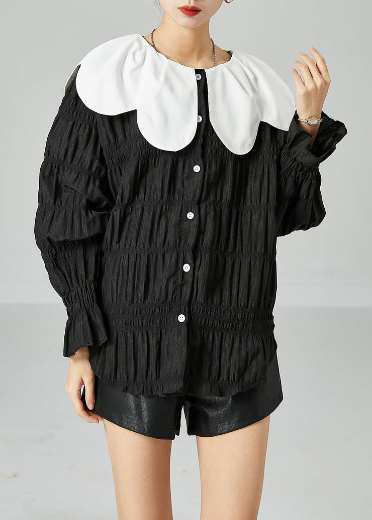 Loose Black Peter Pan Collar Patchwork Wrinkled Silk Shirt Top Spring