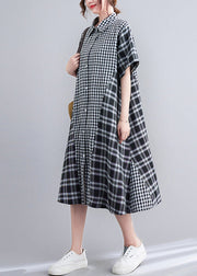 Loose Black Peter Pan Collar Plaid Patchwork Button Long Dress Summer